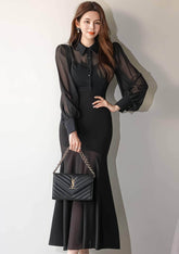 Mesh Collar Neck Long Sleeve Mermaid Dress S / Black